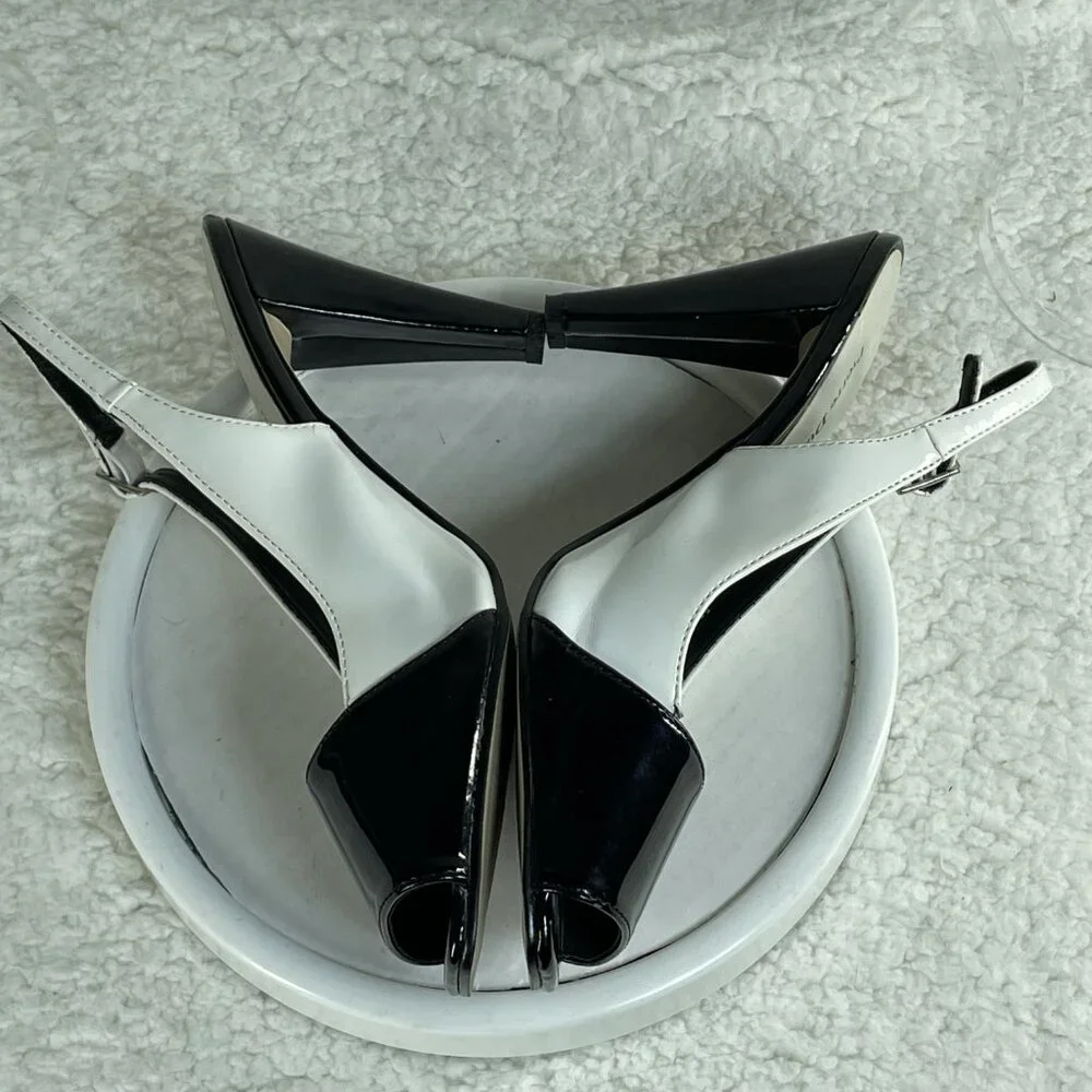 Pierre Dumas High Heels Womens 7.5 M Black White 3.5 Inch Block Heel Adjustable